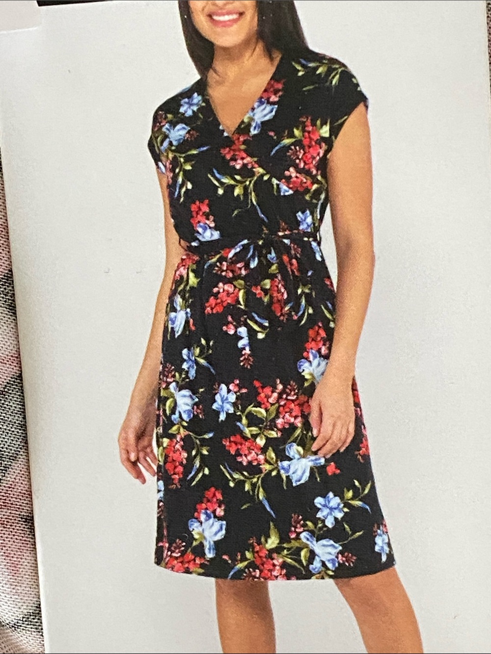 Nicole Miller Original Floral Wrap Midi Dress in Black with Blue & Pink Blooms